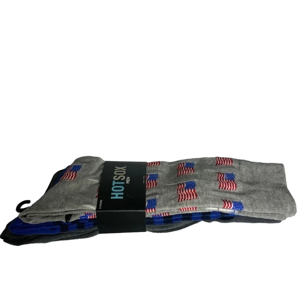 Hot Sox 3 Pack Flag Patriotic Theme Novelty Dress Crew Socks Gift Men’s Unisex